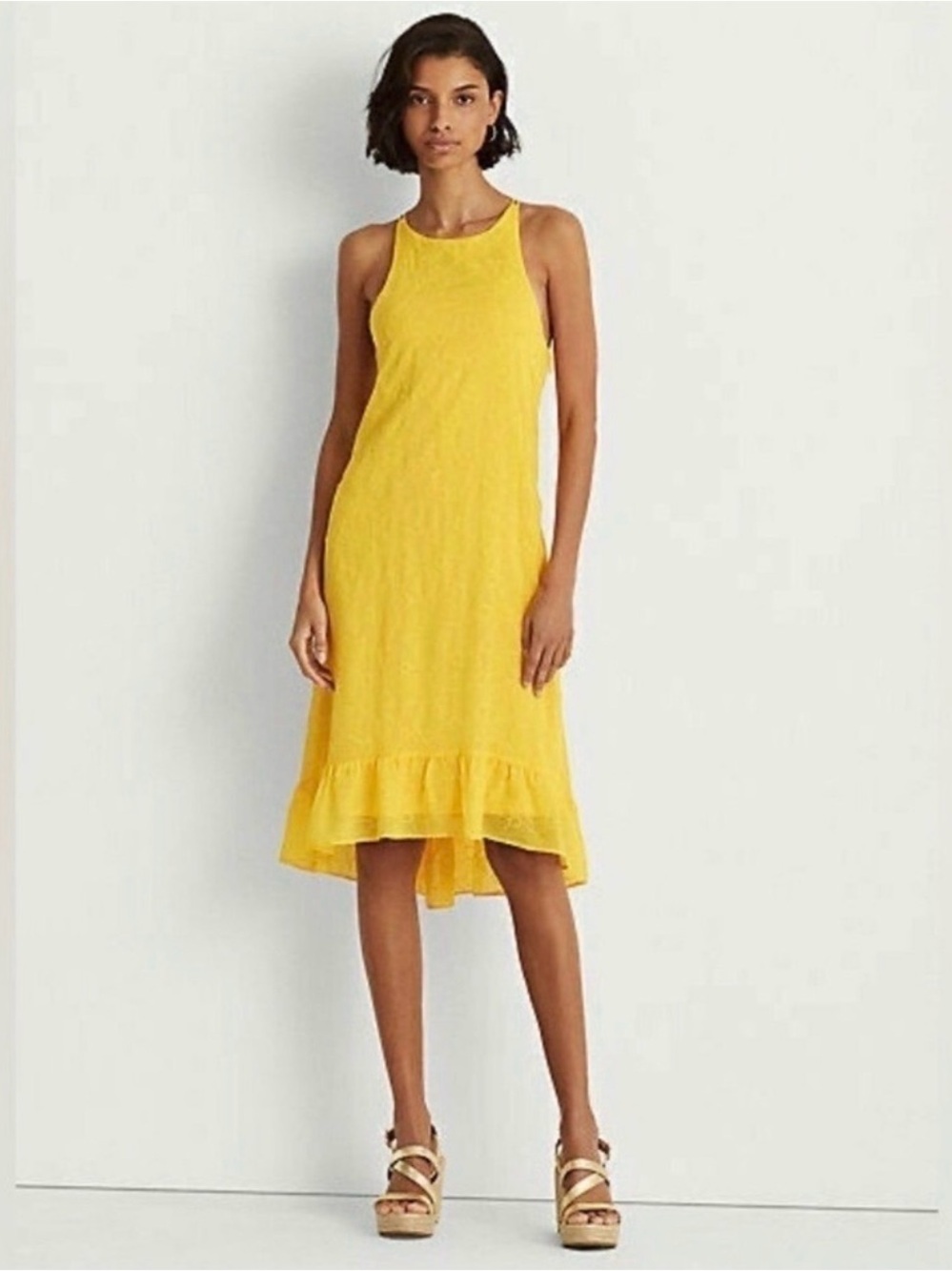 Ralph Lauren Yellow High-Low Ruffle-Hem Dress